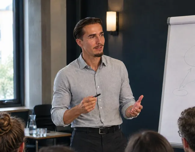 Daniel Gerlach von Zweitkarriere steht in einem Workshop vor einem Flipchart und spricht zu den Teilnehmenden